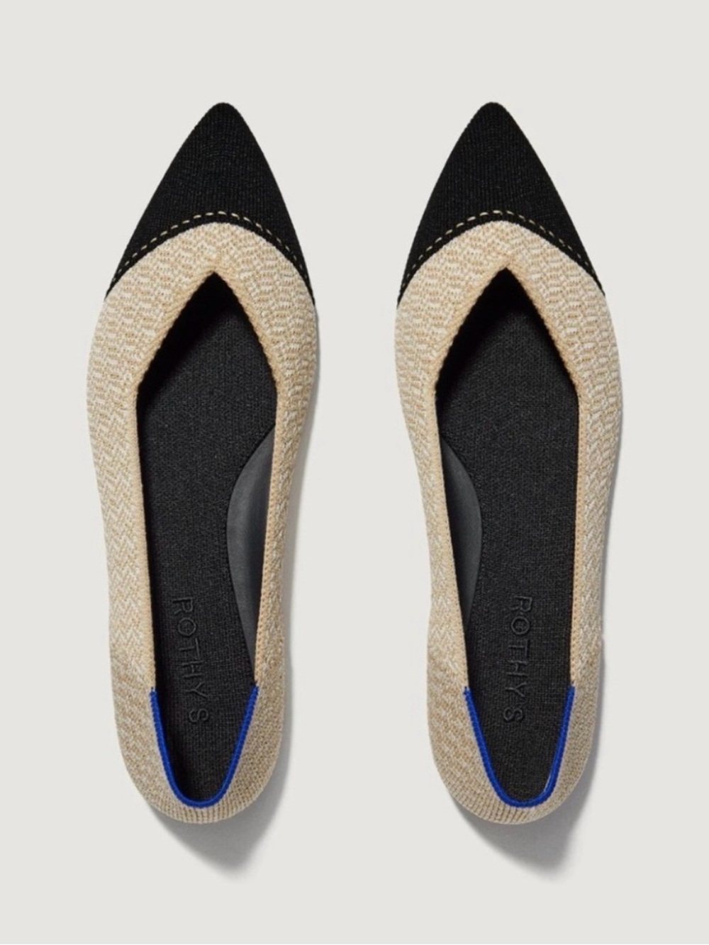 Rothy's The Point II Two-Tone Pointed Toe Flat in Black & Beige